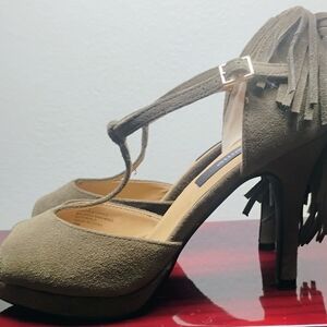 Theme Olive Suede Fringe Heels
